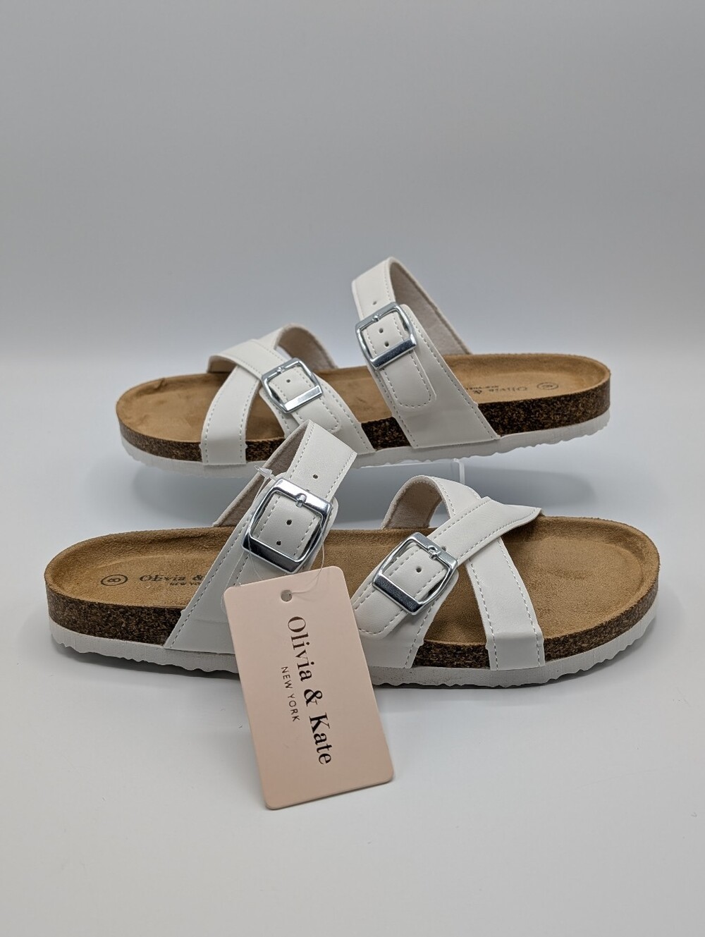 Olivia & Kate Women's 8 White Sandals Crisscross Adjustable Straps Slides Kylie